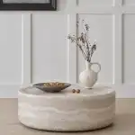Ball & Cast 35.43" Round Coffee Table,Faux Travertine Textured Accent CoffeeTable for Living Room,Modern Minimalist Low Circle Center Table Side Table for Apartment,Office,Marble - Image 7