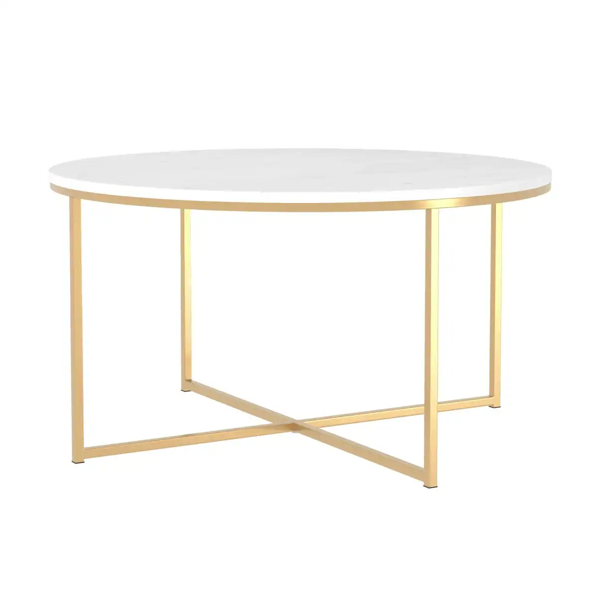 Walker Edison Modern Glam Round Accent Faux White Marble Coffee Table with Gold X-Base, 36 Inch - Image 1