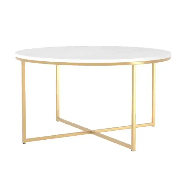 Walker Edison Modern Glam Round Accent Faux White Marble Coffee Table with Gold X-Base, 36 Inch