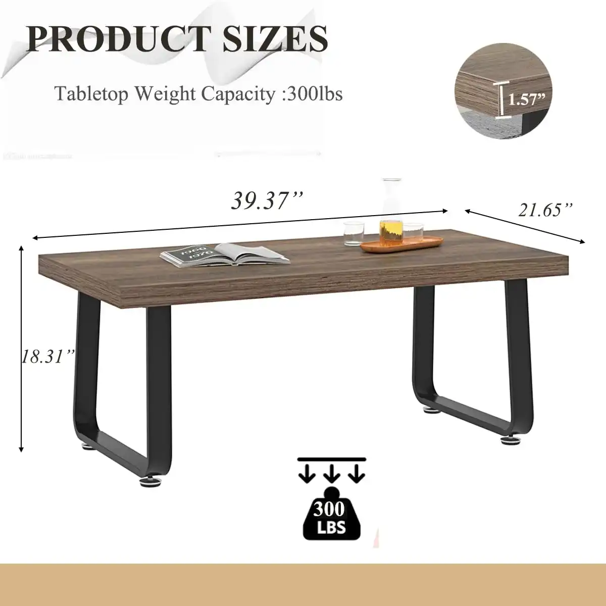 HSH Farmhouse Modern Simple Oak Center Table - Industrial Minimalist Rectangle Living Room Coffee Table, Wood and Metal, Rustic Oak, 39 in - Image 3