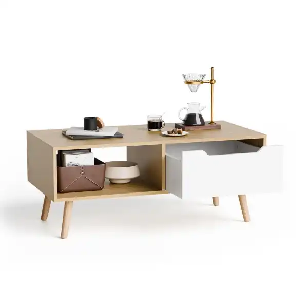 Cozy Castle Modern Wooden Coffee Table with Storage, Minimalist Hallway Mid Century Cocktail Table for Living Room Apartment Reception, Oak