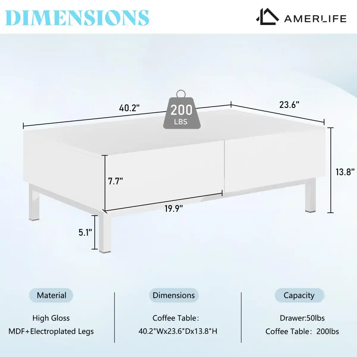 AMERLIFE High Gloss Electroplated Coffee Table, 40" Wide Modern Minimalist Center Table with 2 Magnetic Storage Drawers, Rectangular Simple Cocktail Table for Living Room, Waiting Area, Office, White - Image 2