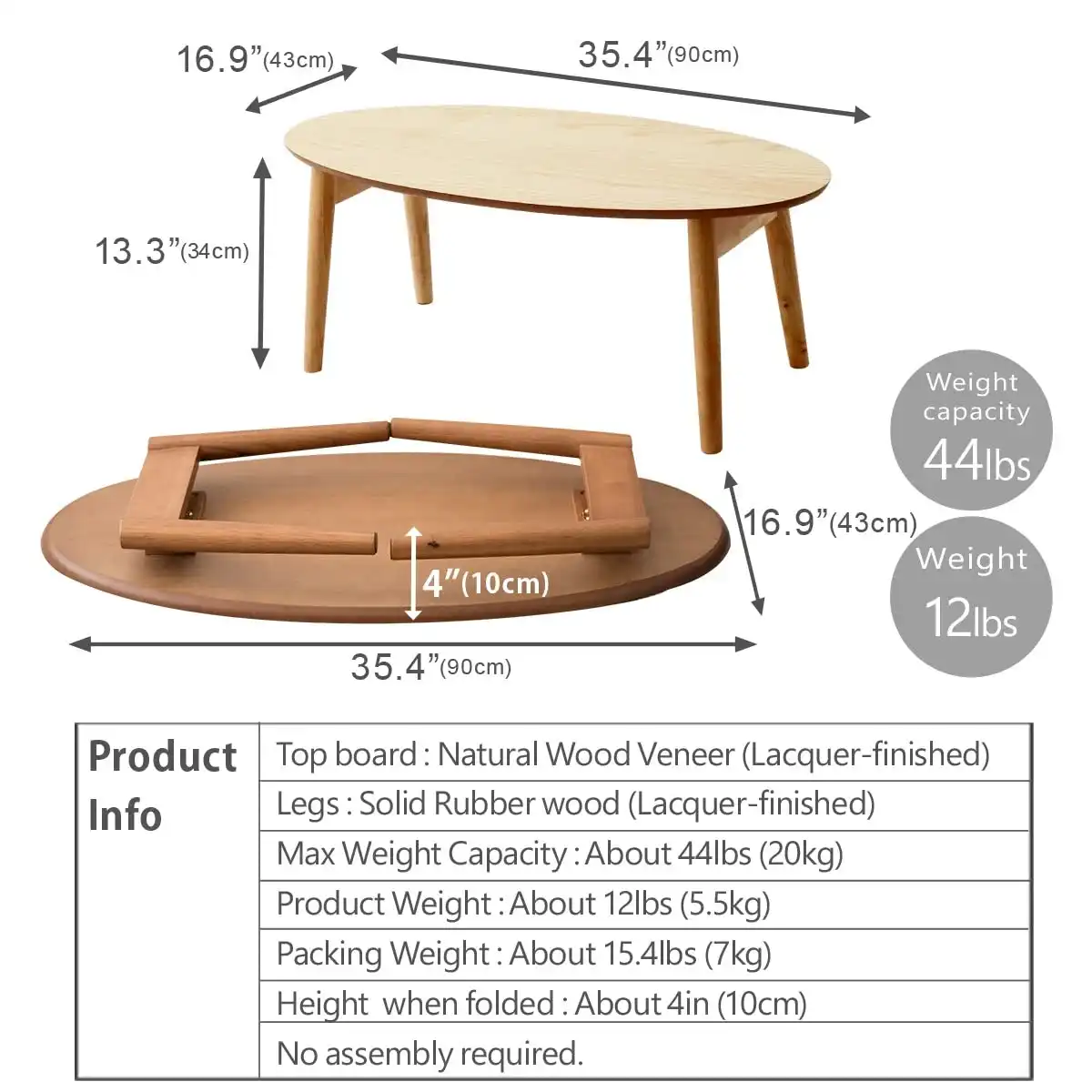 EMOOR Wood Folding Coffee Table Oval (35.4"x16.9") Walnut, Floor Sitting Low Table Small Space Minimalist Japanese Tatami Room - Image 5