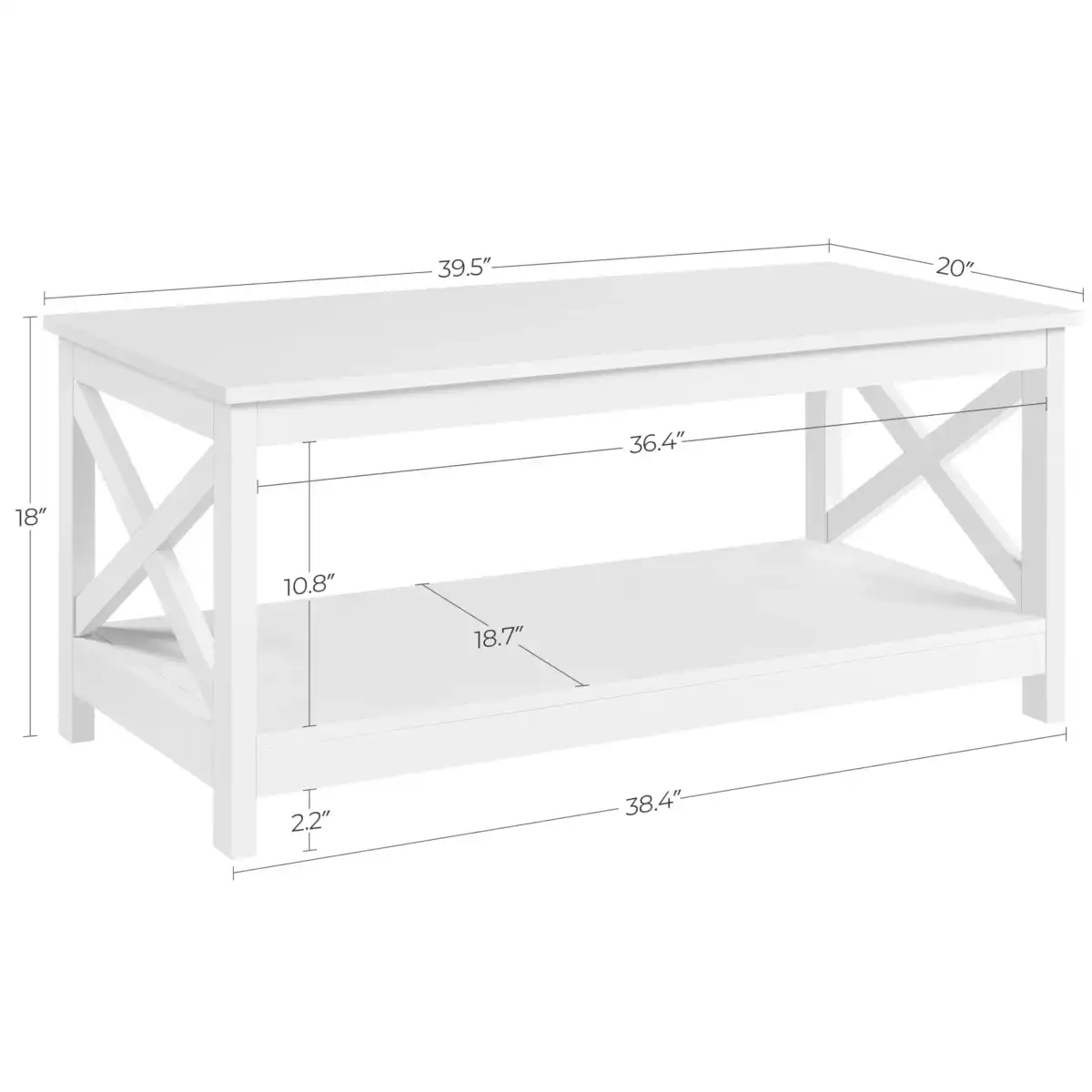 Yaheetech Wood 2-Tier White Coffee Table with Storage Shelf for Living Room, X Design Accent Cocktail Table, Simple Design Home Furniture, 39.5 x 20 x 18 Inches - Image 3