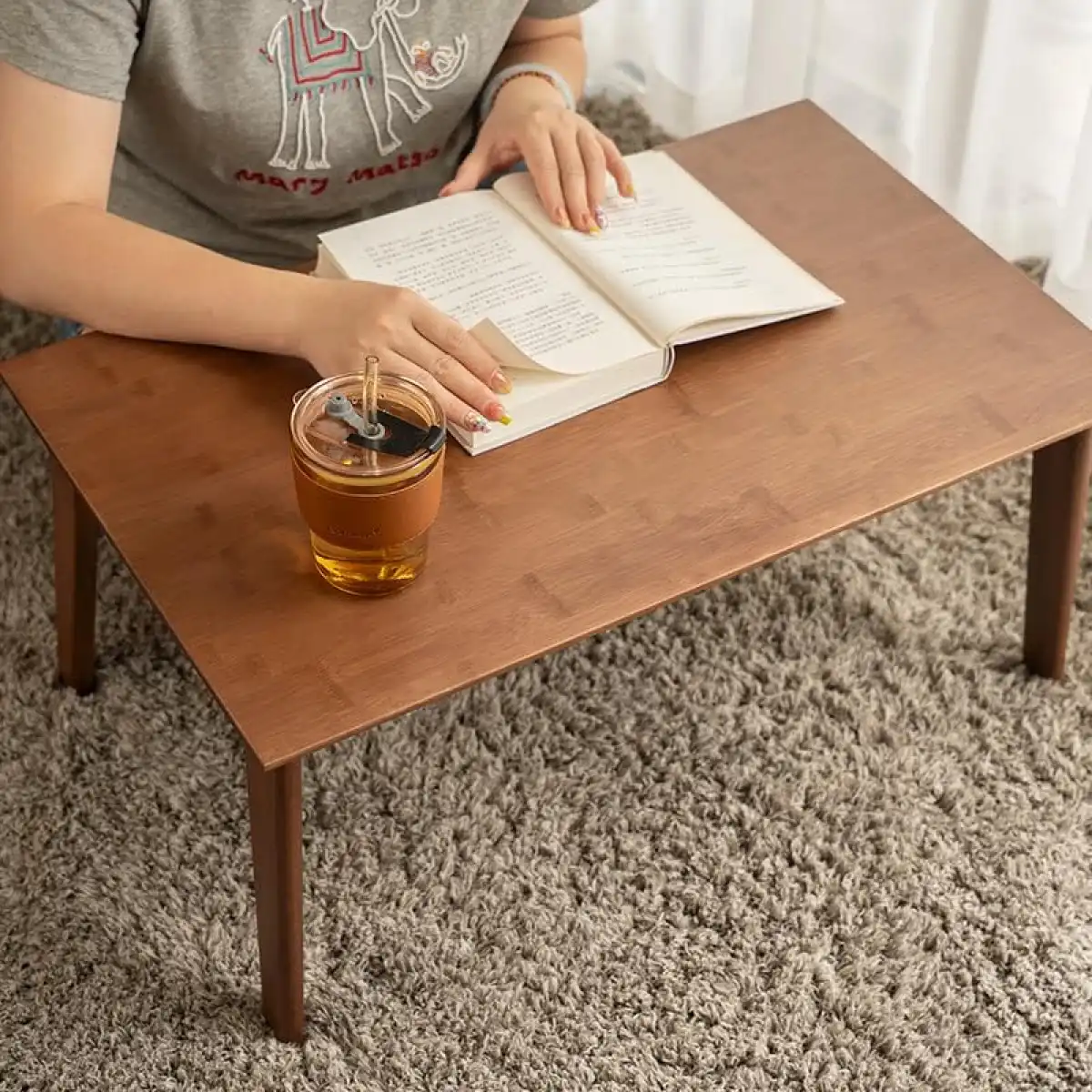 Kuabner Folding Floor Table Low Coffee Table for Sitting On The Floor Japanese Floor Table No Assembly Tatami FoldableTable for Living Room Home Office (Walnut, Large) - Image 8