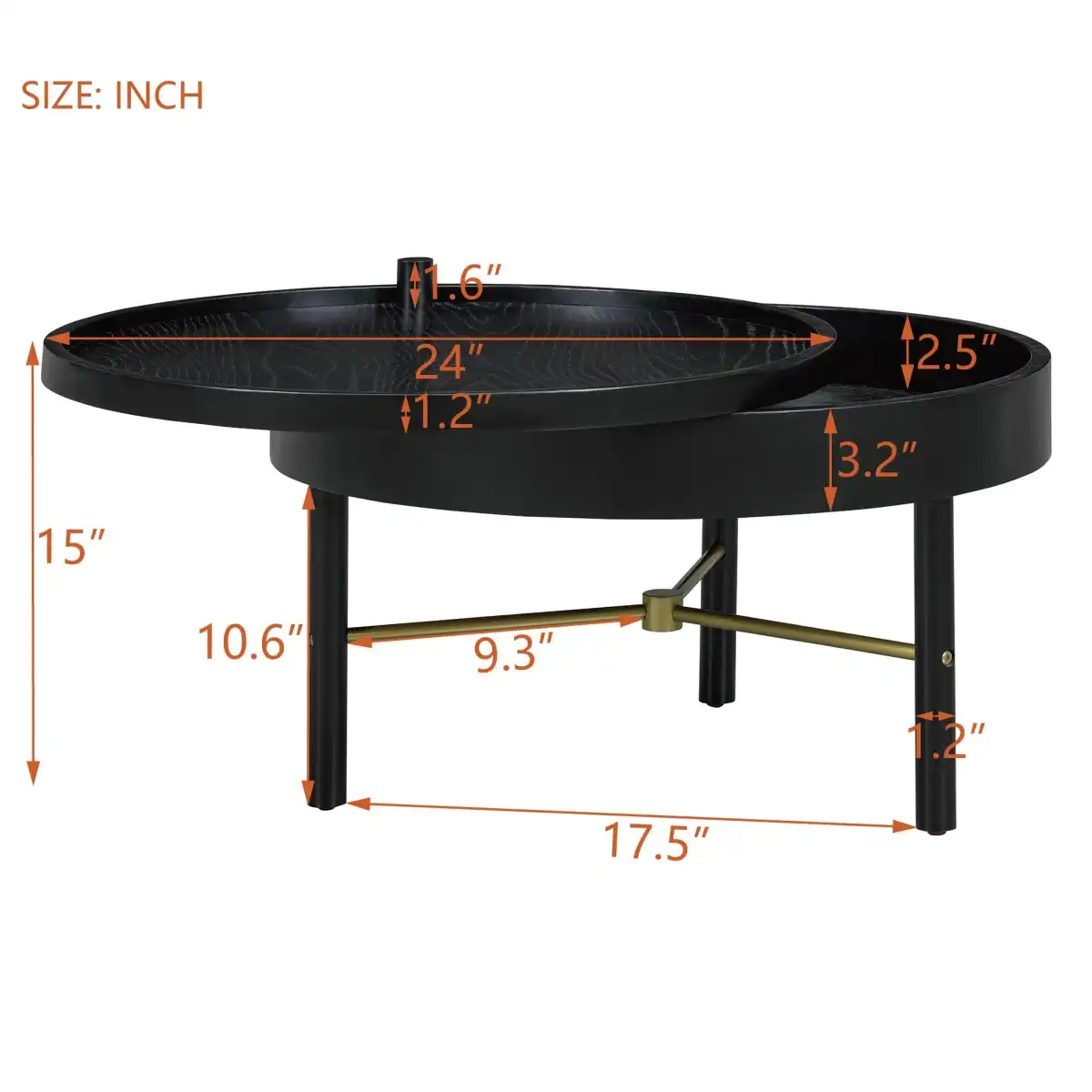 24" Coffee Table, Modern Round Wood Rotating Tray Coffee Table with Storage, Minimalist Circle Coffee Table with Metal Legs, Black Small Round Storage Coffee Tables Center Table for Living Room - Image 7
