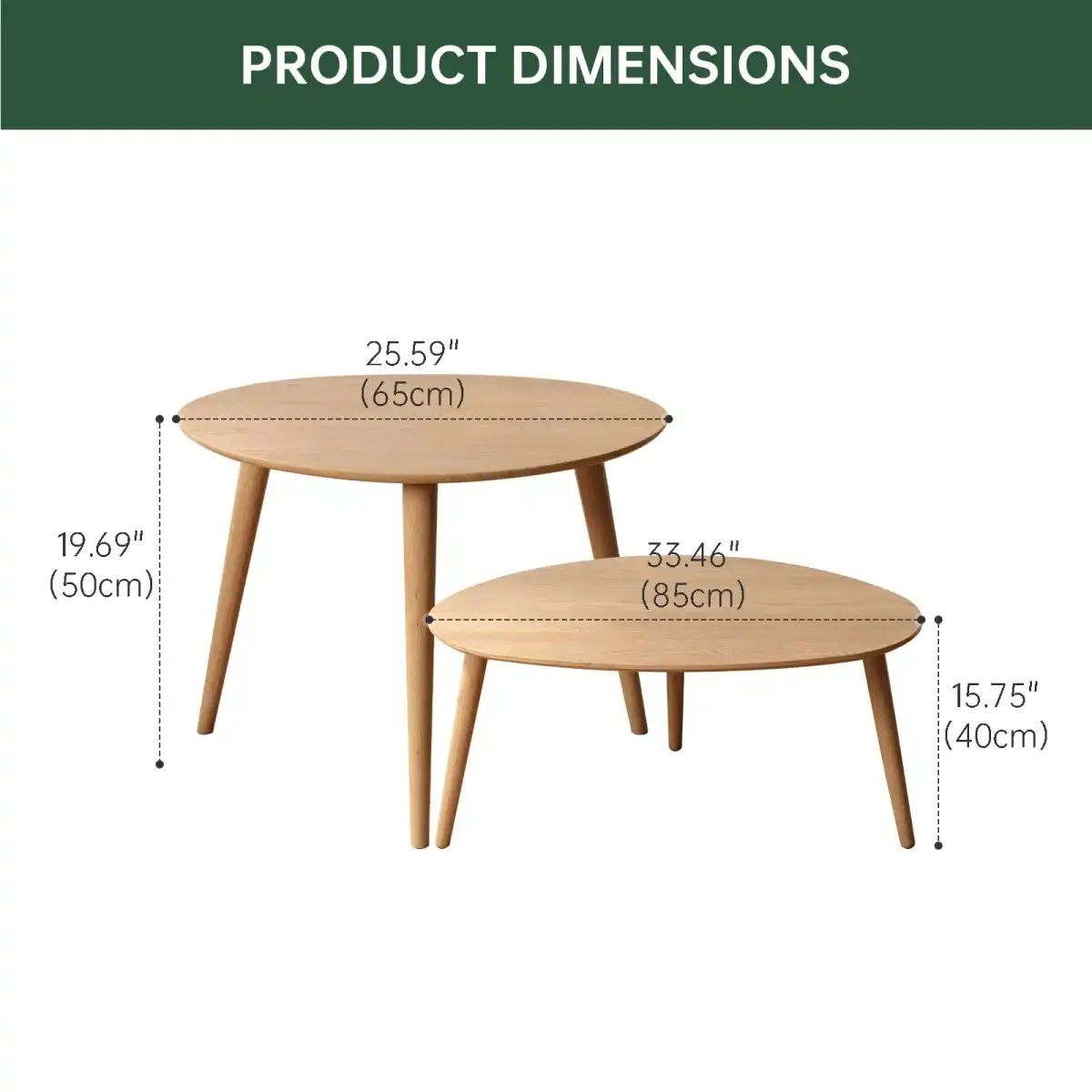 Vadisun Small Oval Nesting Table, Mid Century Coffee Table for Living Room,Solid Oak Wood End Tables,Triangle Tabletop with 3 Legs,Minimalist Display Living Tables (Original Wood Color, Combine) - Image 2