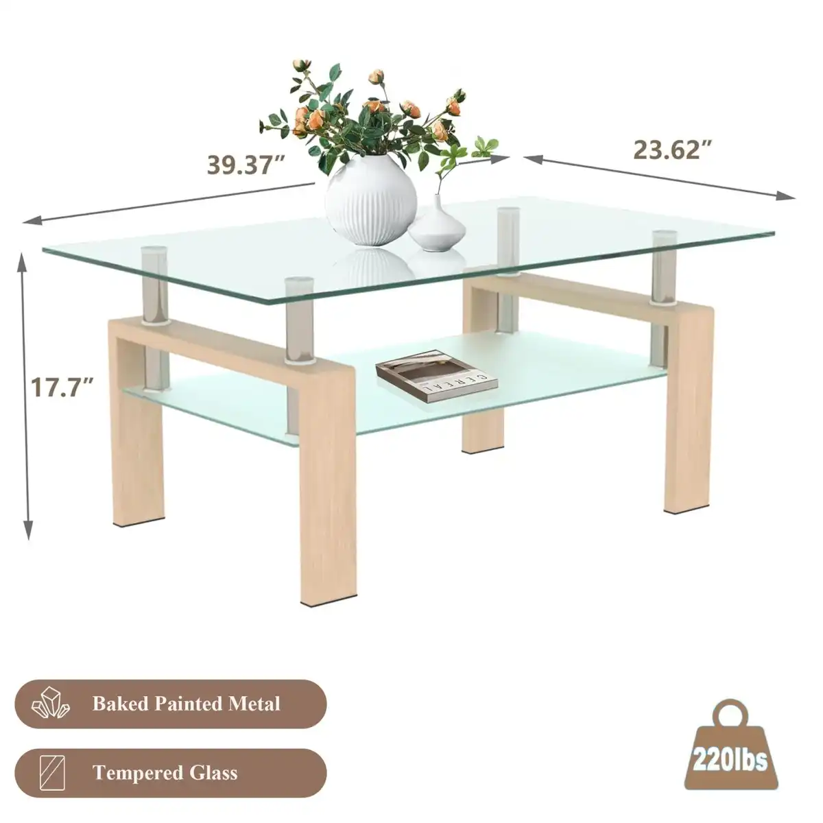 Modern Glass Coffee Table and End Table Set of 3 for Living Room, Rectangle 2-Layer with Storage, Oak Small Sofa Side Tables White Top with Wheels Furniture for Home Office, White - Image 6