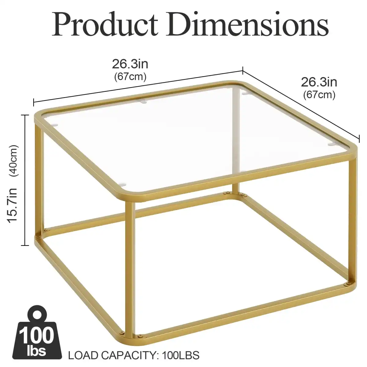 Coffee Table Glass, Minimalist Square Tables for Living Room, Modern Center Table for Office or Small Space, Tempered Glass, Sturdy Metal Frame, Easy Assembly, 26.4 x 26.4 x 15.7 Inches, Gold - Image 2