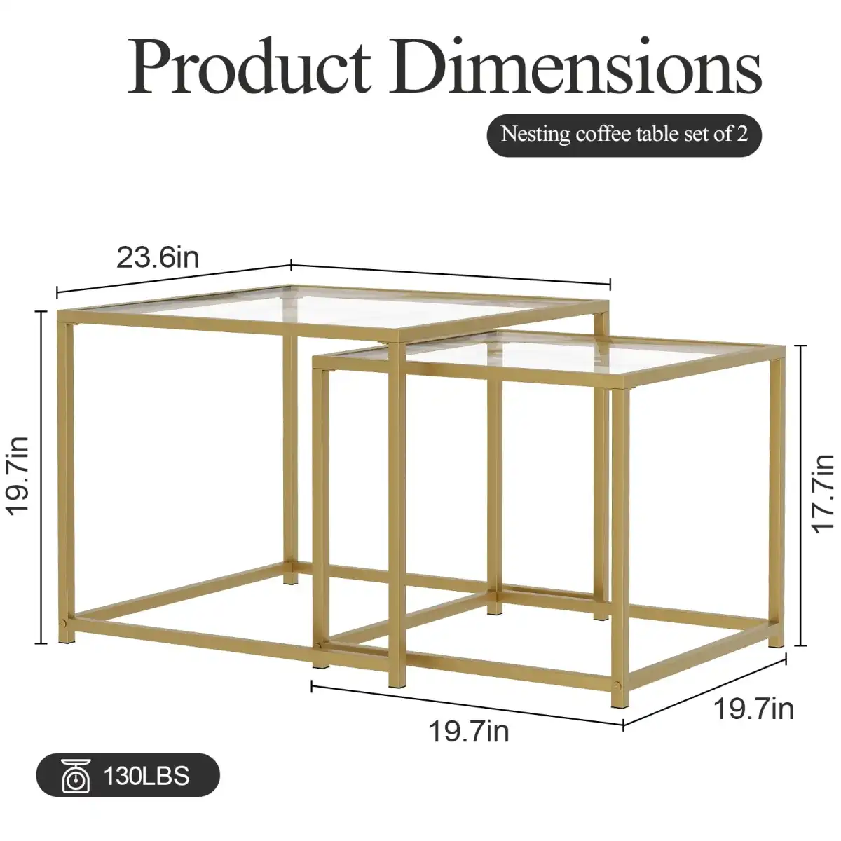 Adompacat Glass Coffee Table Gold,Nesting Tables Set of 2, Minimalist Coffee Side End Tables for Small Spaces, Sofa Side Tea Coffee Table with Metal Frame for Home, Office, Space-Saving - Image 2