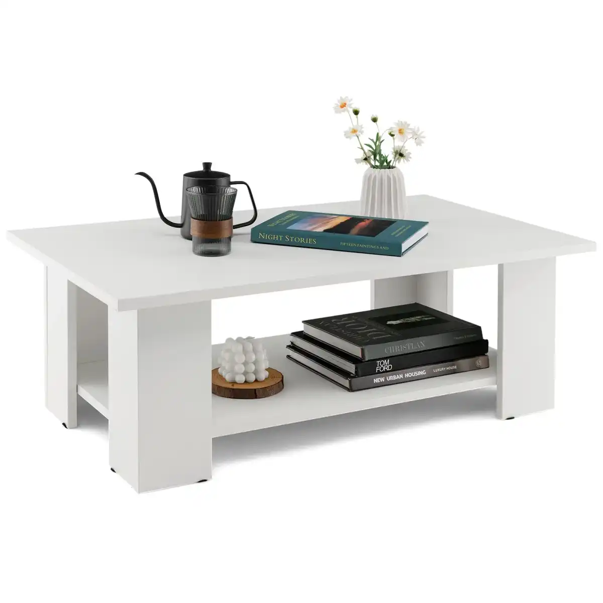 Tangkula 2-Tier Coffee Table, Modern Rectangular Center Cocktail Table with 5 Support Legs, Wooden Accent Living Room Furniture, Small Coffee Table for Small Spaces, Easy Assembly (White) - Image 1
