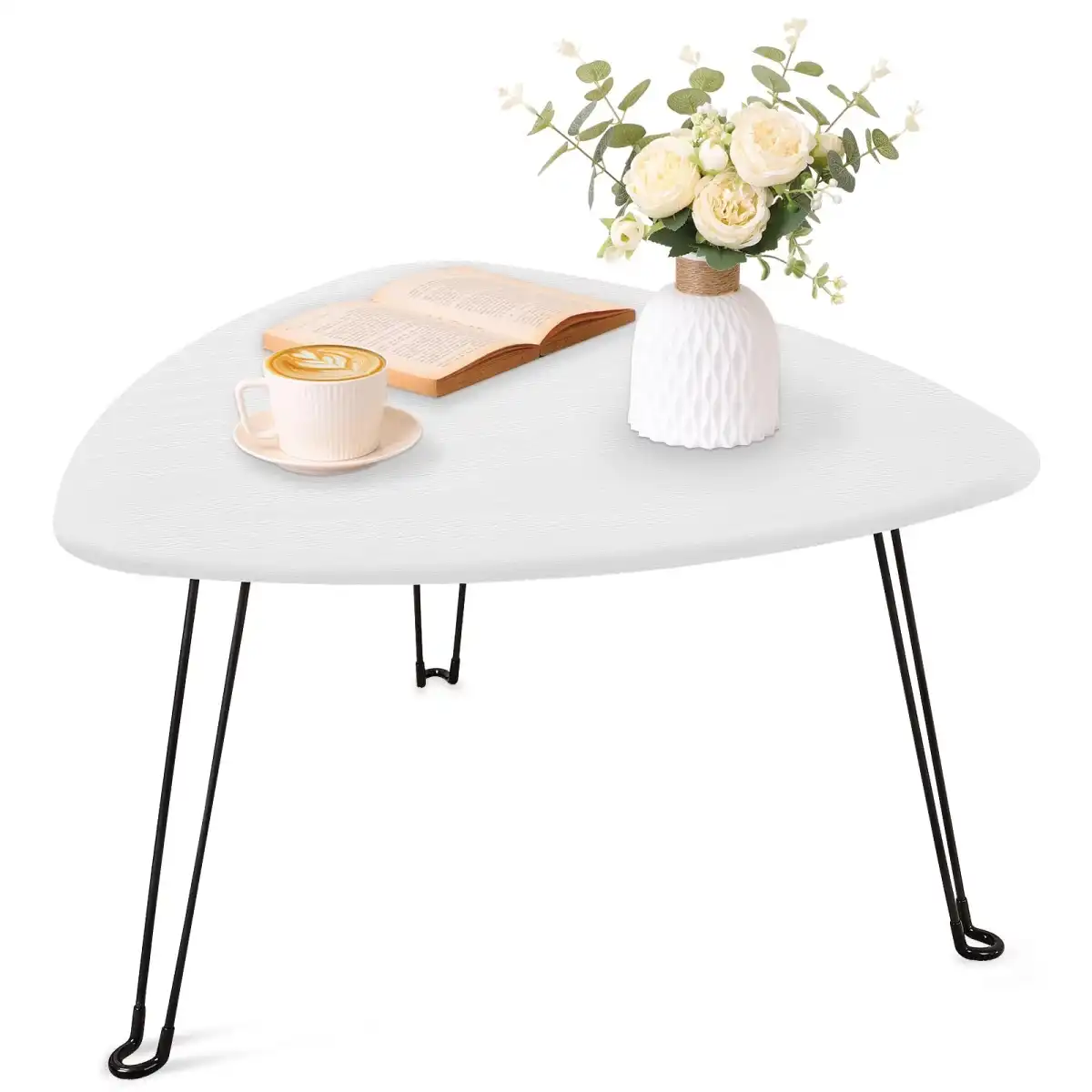 Coffee Table for Small Spaces White Folding Wooden Triangle Center Sofa Tables Simple Design Droplet Coffee Table with Steel Legs Modern Accent Furniture for Living Room Home Office - Image 1