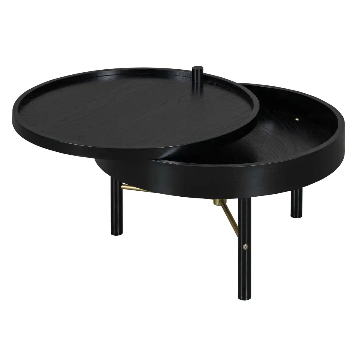 24" Coffee Table, Modern Round Wood Rotating Tray Coffee Table with Storage, Minimalist Circle Coffee Table with Metal Legs, Black Small Round Storage Coffee Tables Center Table for Living Room - Image 8