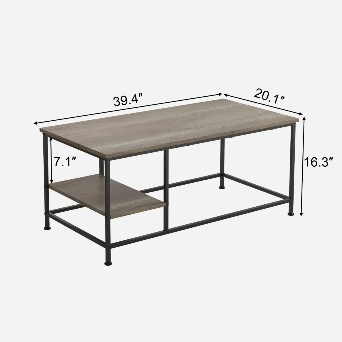 SENIG Grey Oak Rectangle Wood and Metal Coffee Table with Storage Shelf for Small Living Rooms with Shelf - Image 6