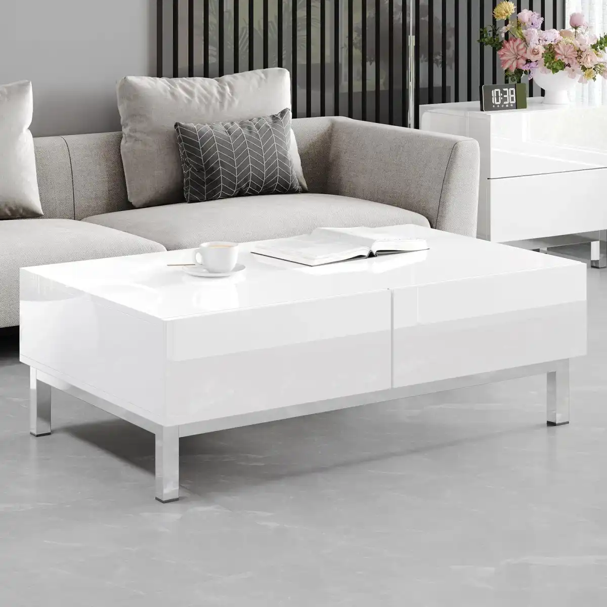 AMERLIFE High Gloss Electroplated Coffee Table, 40" Wide Modern Minimalist Center Table with 2 Magnetic Storage Drawers, Rectangular Simple Cocktail Table for Living Room, Waiting Area, Office, White - Image 1