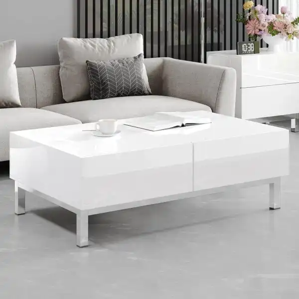 AMERLIFE High Gloss Electroplated Coffee Table, 40" Wide Modern Minimalist Center Table with 2 Magnetic Storage Drawers, Rectangular Simple Cocktail Table for Living Room, Waiting Area, Office, White