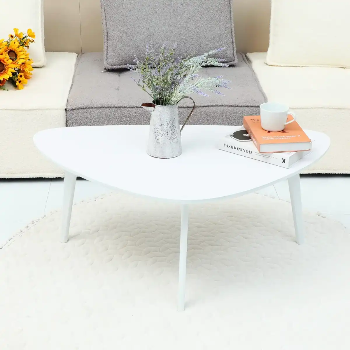 Small Oval Coffee Table Wood Mid Century Modern Coffee Tables Minimalist Farmhouse Style Chic for Living Room,Natural Wooden Texture,Unique Triangle Tabletop,Oak Leg,White 38.5" - Image 4