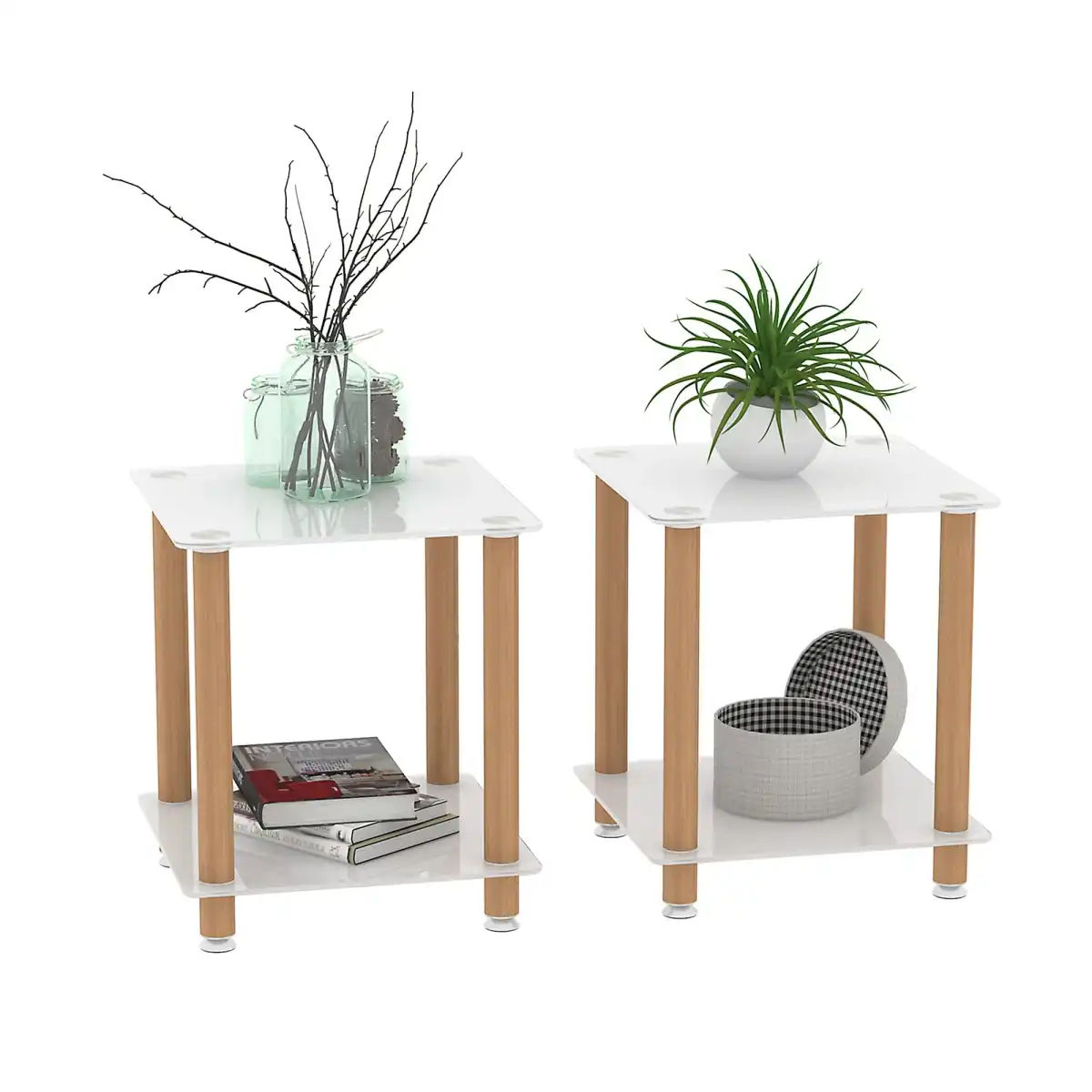 Modern Glass Coffee Table and End Table Set of 3 for Living Room, Rectangle 2-Layer with Storage, Oak Small Sofa Side Tables White Top with Wheels Furniture for Home Office, White - Image 7