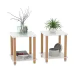 Modern Glass Coffee Table and End Table Set of 3 for Living Room, Rectangle 2-Layer with Storage, Oak Small Sofa Side Tables White Top with Wheels Furniture for Home Office, White - Image 7