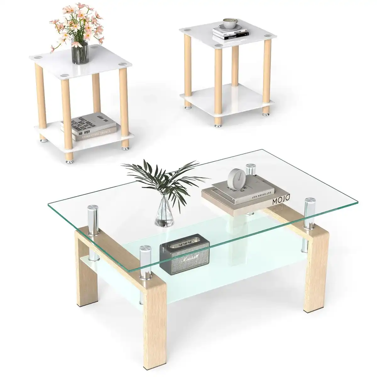 Modern Glass Coffee Table and End Table Set of 3 for Living Room, Rectangle 2-Layer with Storage, Oak Small Sofa Side Tables White Top with Wheels Furniture for Home Office, White - Image 1