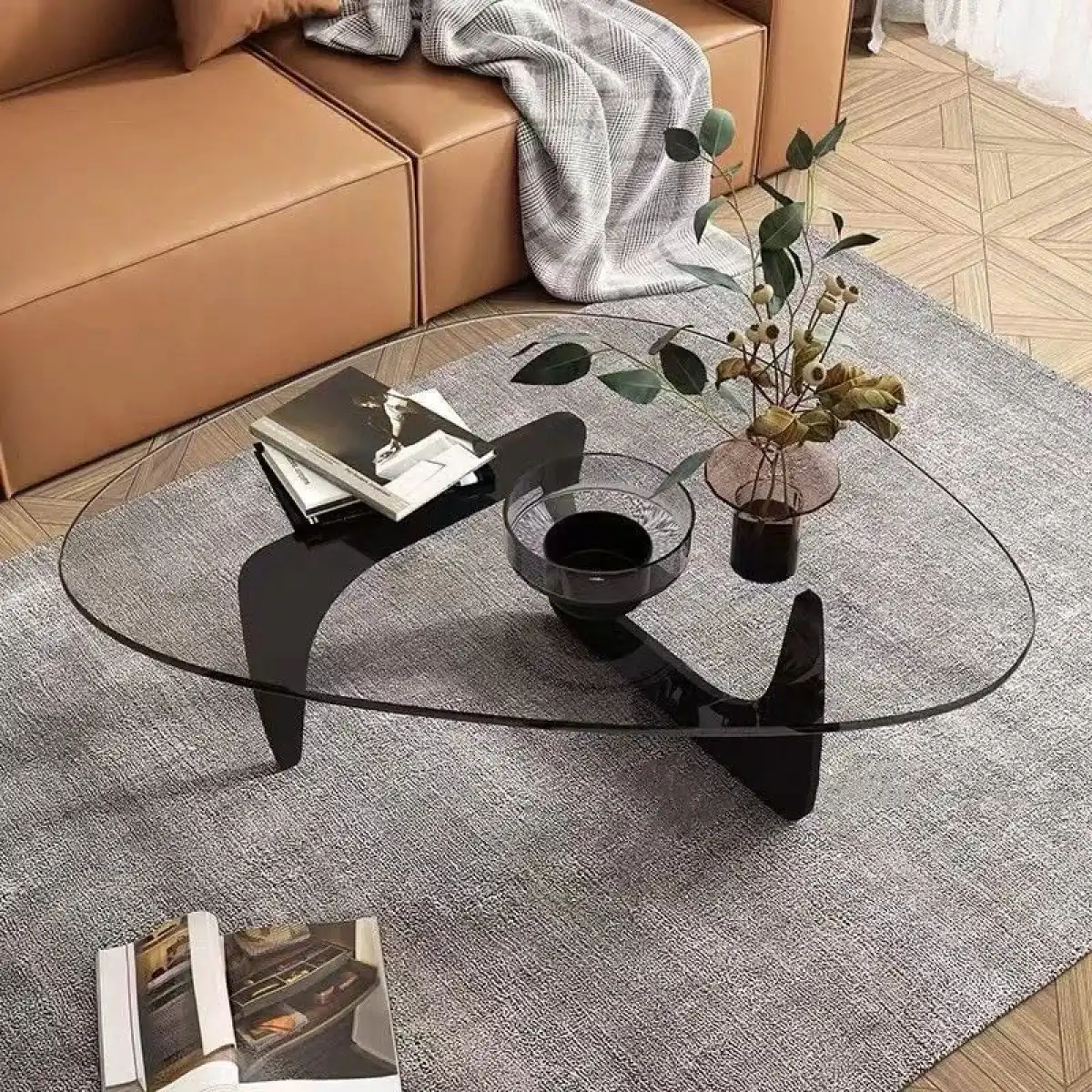 Triangle Coffee Table in Walnut Mid Century Modern Solid Wood Base and Triangle Clear Glass Coffee Table for Living Room Low Minimalist Tea Table Coffee Tables (36 * 25.6 * 16, Black Transparent) - Image 5