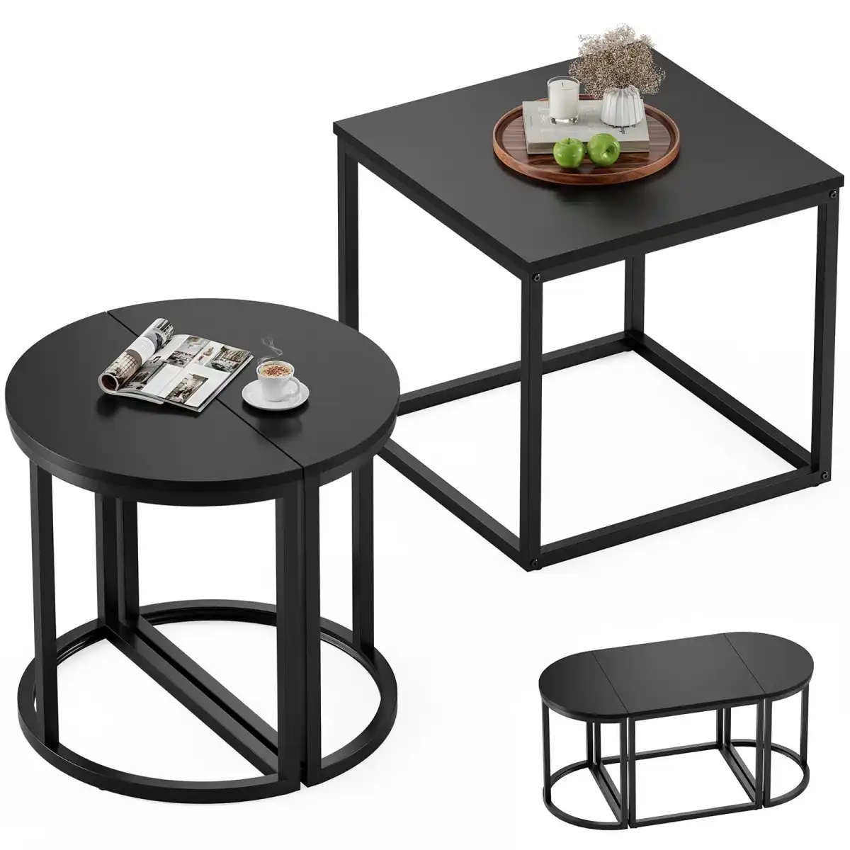 GreenForest Coffee Table Oval 3pcs Set, Modern Living Room Table with 2 End Tables, Small Center Table with Metal Frame for Home Apartment, Black - Image 2
