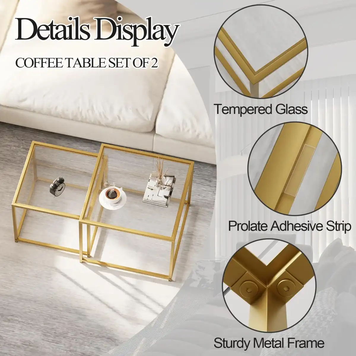 Adompacat Glass Coffee Table Gold,Nesting Tables Set of 2, Minimalist Coffee Side End Tables for Small Spaces, Sofa Side Tea Coffee Table with Metal Frame for Home, Office, Space-Saving - Image 3
