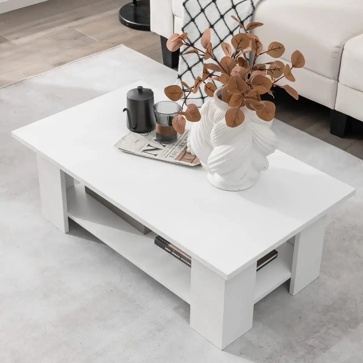 Tangkula 2-Tier Coffee Table, Modern Rectangular Center Cocktail Table with 5 Support Legs, Wooden Accent Living Room Furniture, Small Coffee Table for Small Spaces, Easy Assembly (White) - Image 3