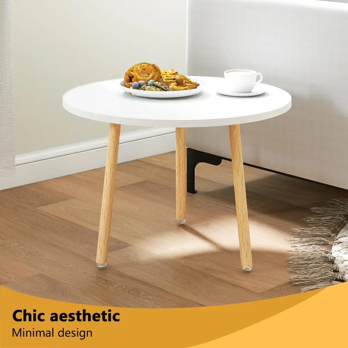 Funecy Round Coffee Table Low Table with 3 Solid Wood Sturdy Legs, Floor Table Desk for Sitting on The Floor, Storage and Living Room Furniture (White) - Image 7