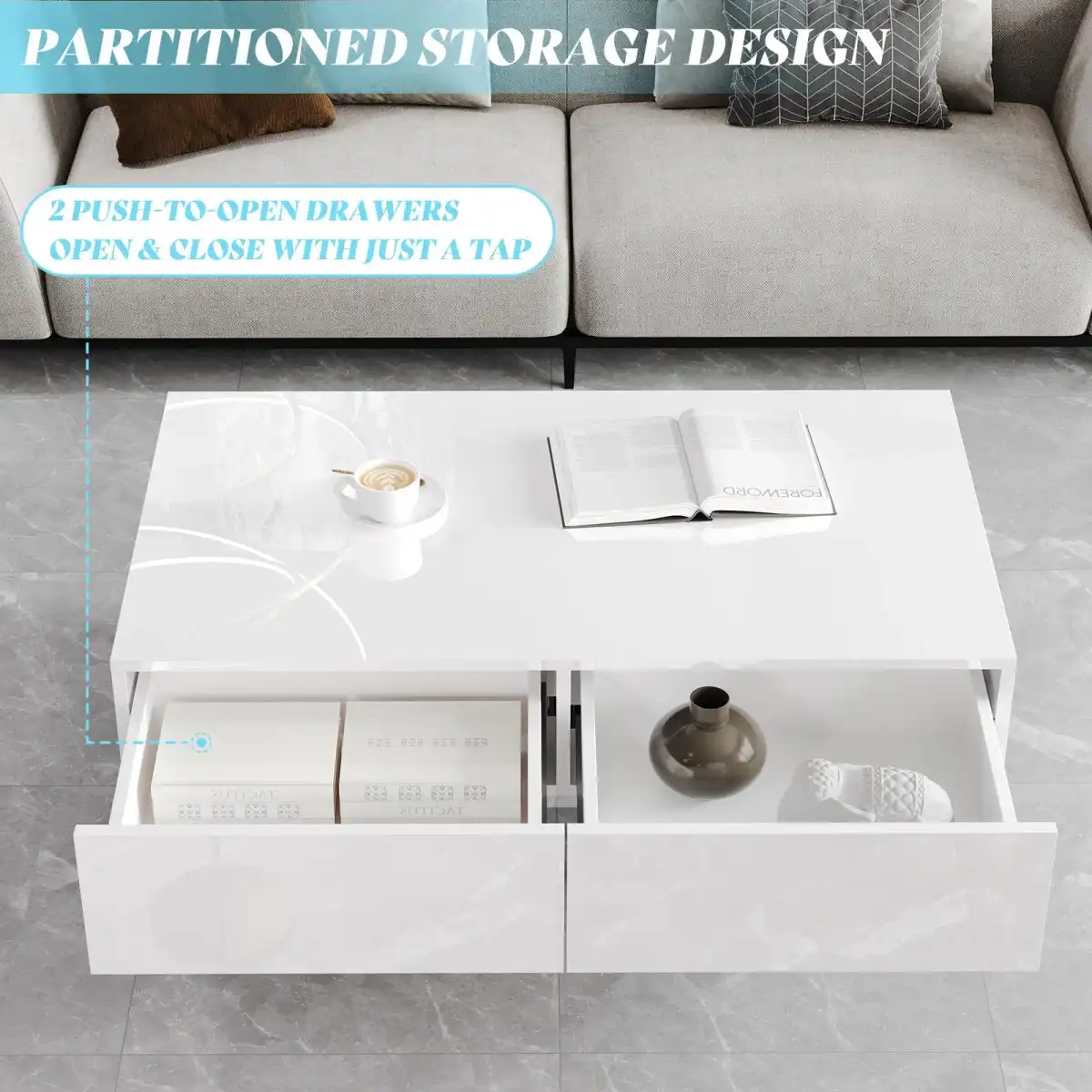 AMERLIFE High Gloss Electroplated Coffee Table, 40" Wide Modern Minimalist Center Table with 2 Magnetic Storage Drawers, Rectangular Simple Cocktail Table for Living Room, Waiting Area, Office, White - Image 7