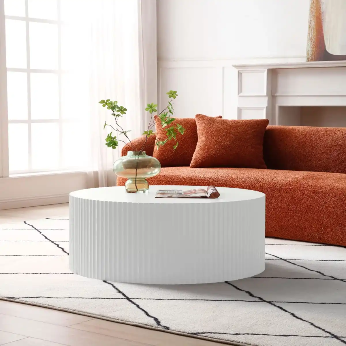 35.43'' Round Coffee Table for Living Room, Modern Wood Circle Tea Table, Minimalist Circular Drum Fluted Coffee Table, Unique Side Table End Table for Living Room, Apartment, White - Image 3