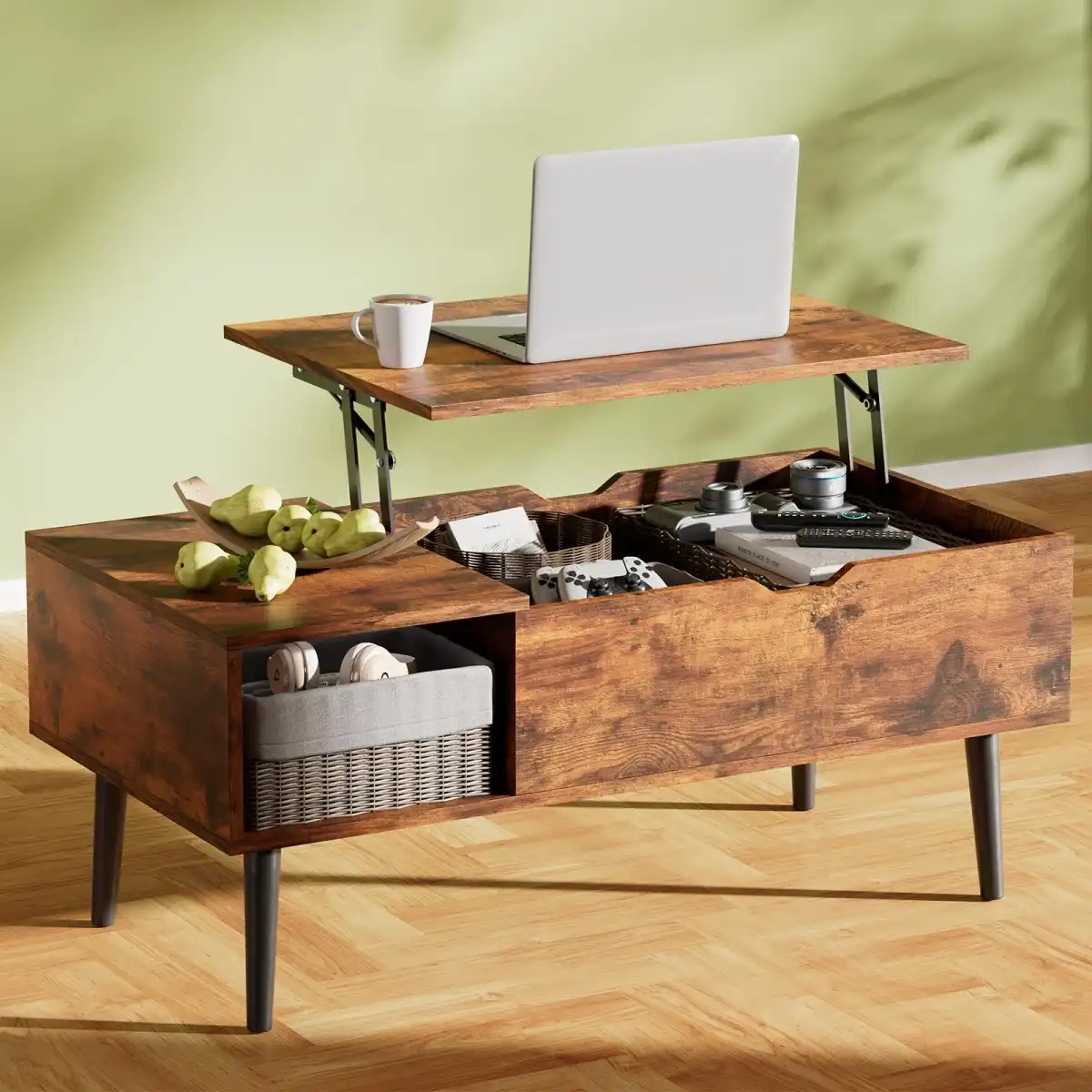 OLIXIS Wood Lift Top Coffee Table with Hidden Compartment and Large Storage Shelf, Lift Tabletop Dining Center Table for Home Living Room Office, Natural Wood - Image 1