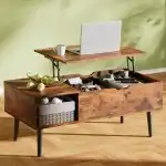 OLIXIS Wood Lift Top Coffee Table with Hidden Compartment and Large Storage Shelf, Lift Tabletop Dining Center Table for Home Living Room Office, Natural Wood