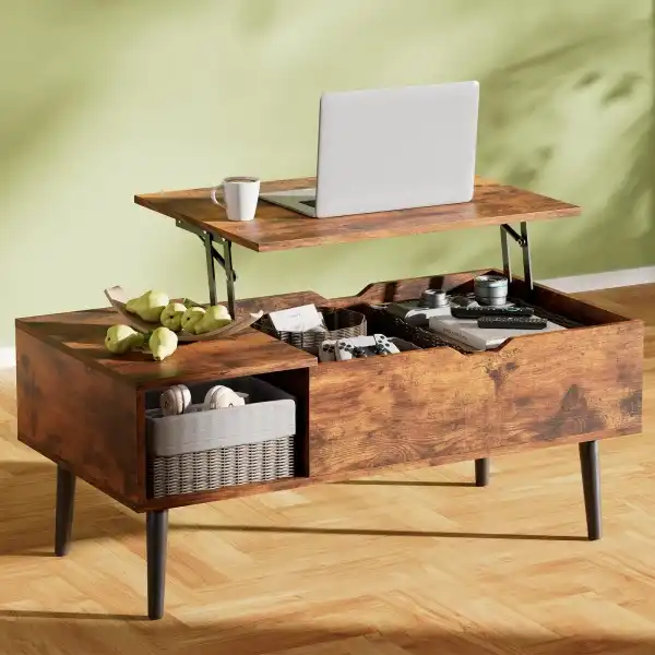 OLIXIS Wood Lift Top Coffee Table with Hidden Compartment and Large Storage Shelf, Lift Tabletop Dining Center Table for Home Living Room Office, Natural Wood