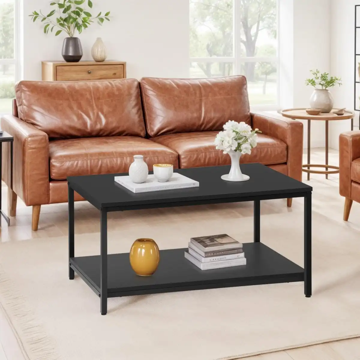 ZenStyle Industrial Coffee Table with Storage Shelf for Living Room, Wood Look Accent Furniture with Vintage Wooden Board Stable Metal Frame Cocktail Table 2-Tier Tea Table - Image 3