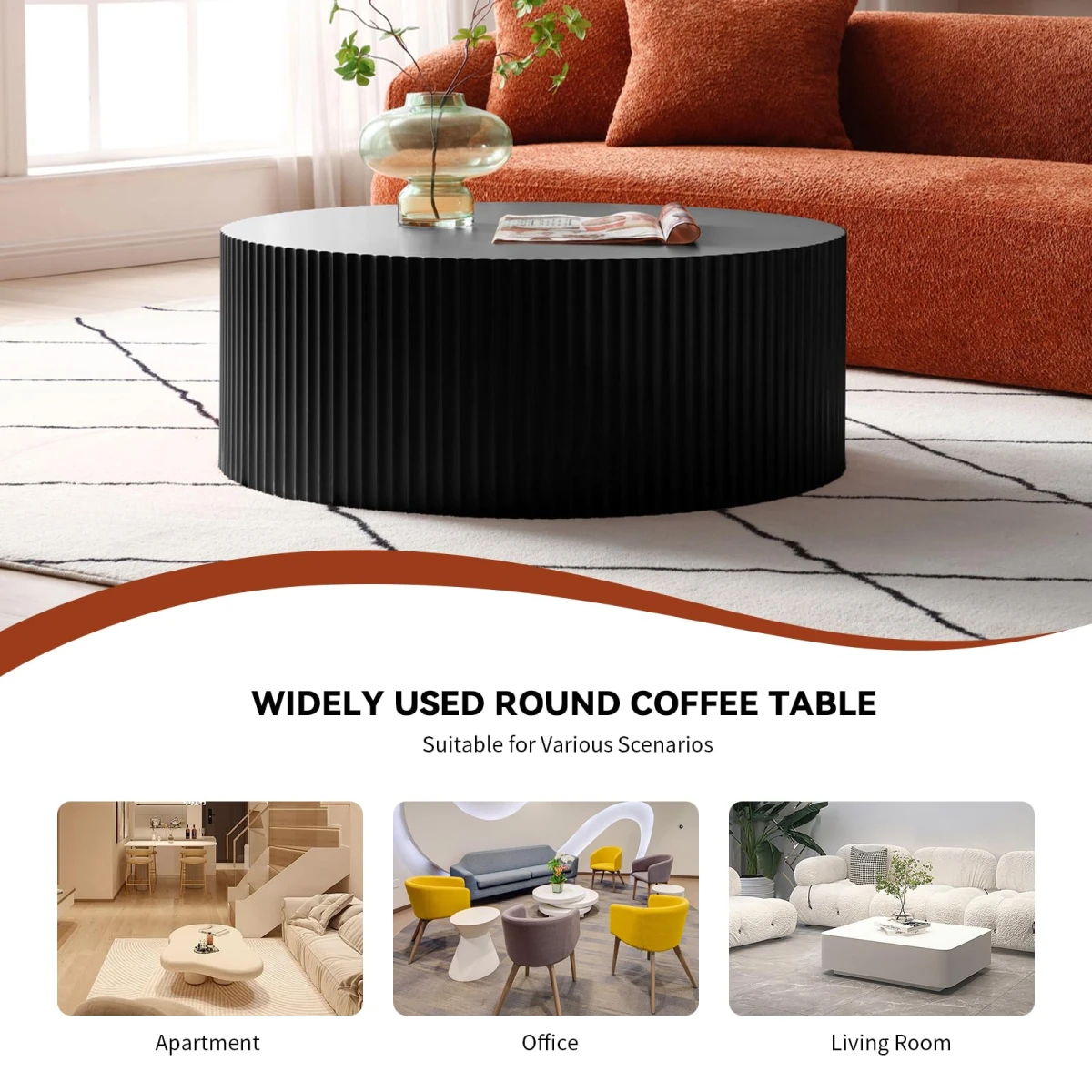 YSJZYBF Round Coffee Table, 35.43" Modern Minimalist Center Table Tea Table with Relief Design for Living Room Apartment Small Space (Matt Black) - Image 6