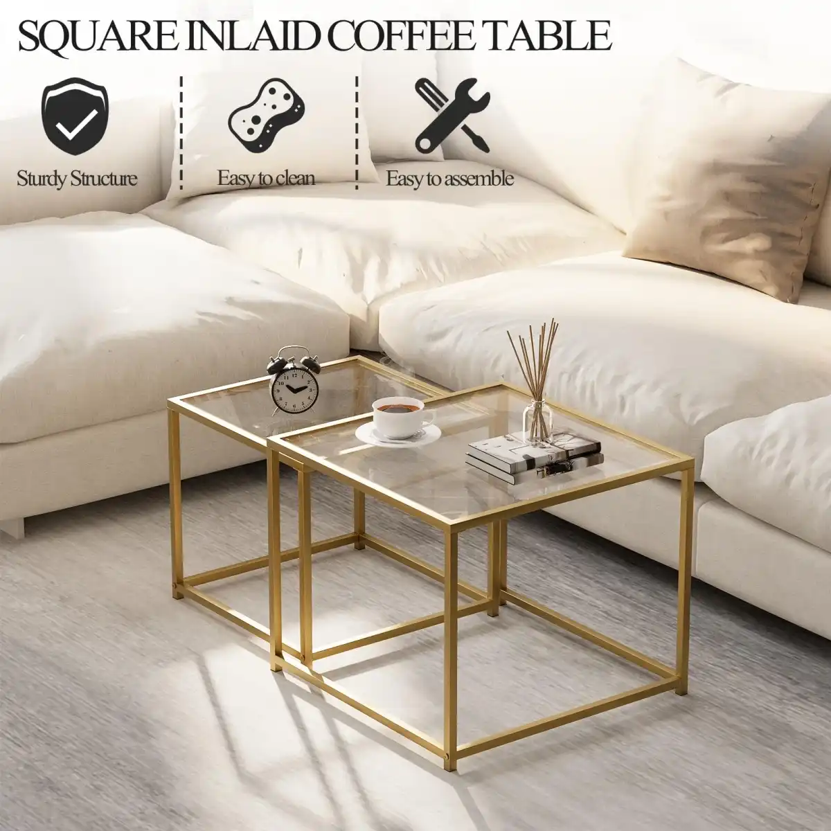 Adompacat Glass Coffee Table Gold,Nesting Tables Set of 2, Minimalist Coffee Side End Tables for Small Spaces, Sofa Side Tea Coffee Table with Metal Frame for Home, Office, Space-Saving - Image 4