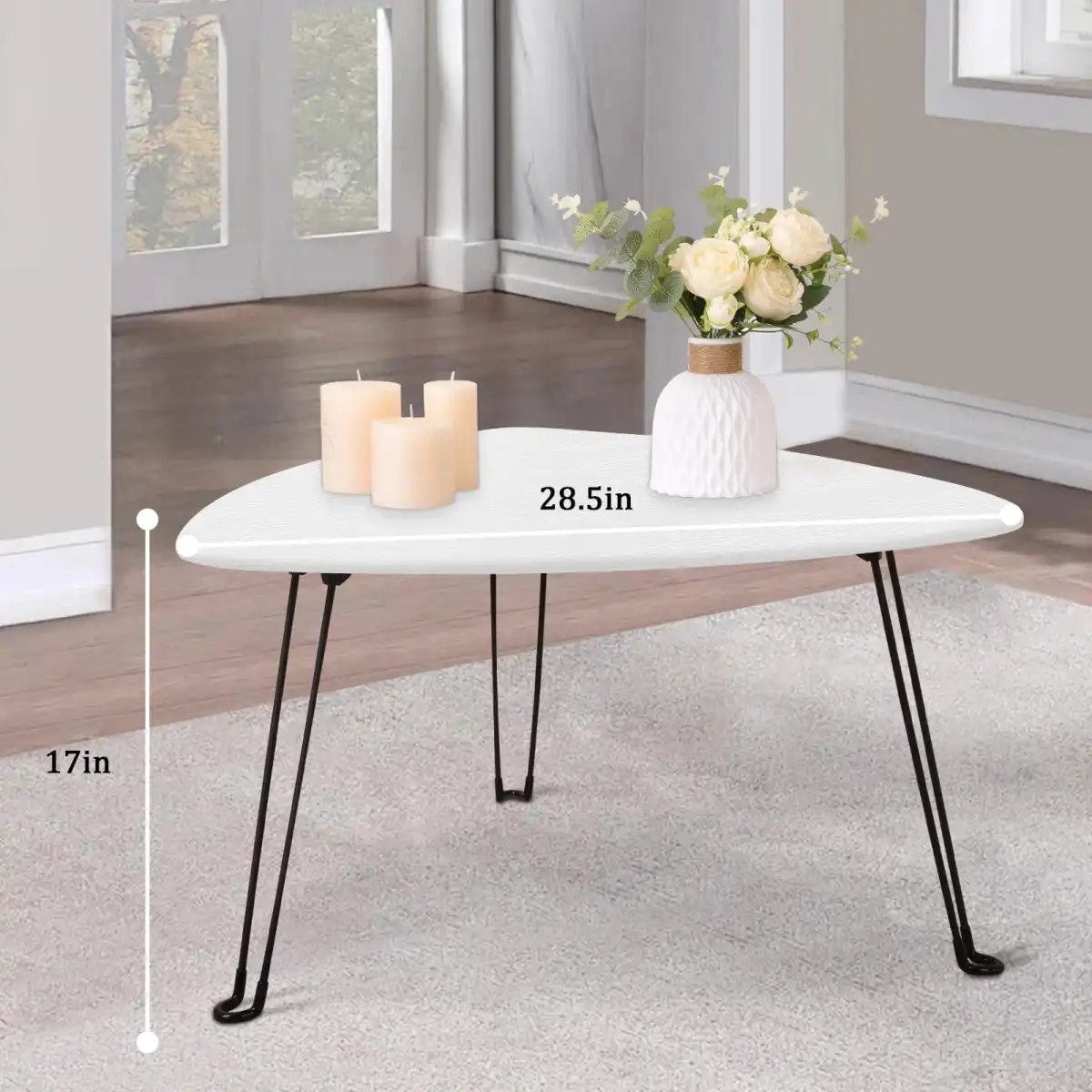 Coffee Table for Small Spaces White Folding Wooden Triangle Center Sofa Tables Simple Design Droplet Coffee Table with Steel Legs Modern Accent Furniture for Living Room Home Office - Image 5
