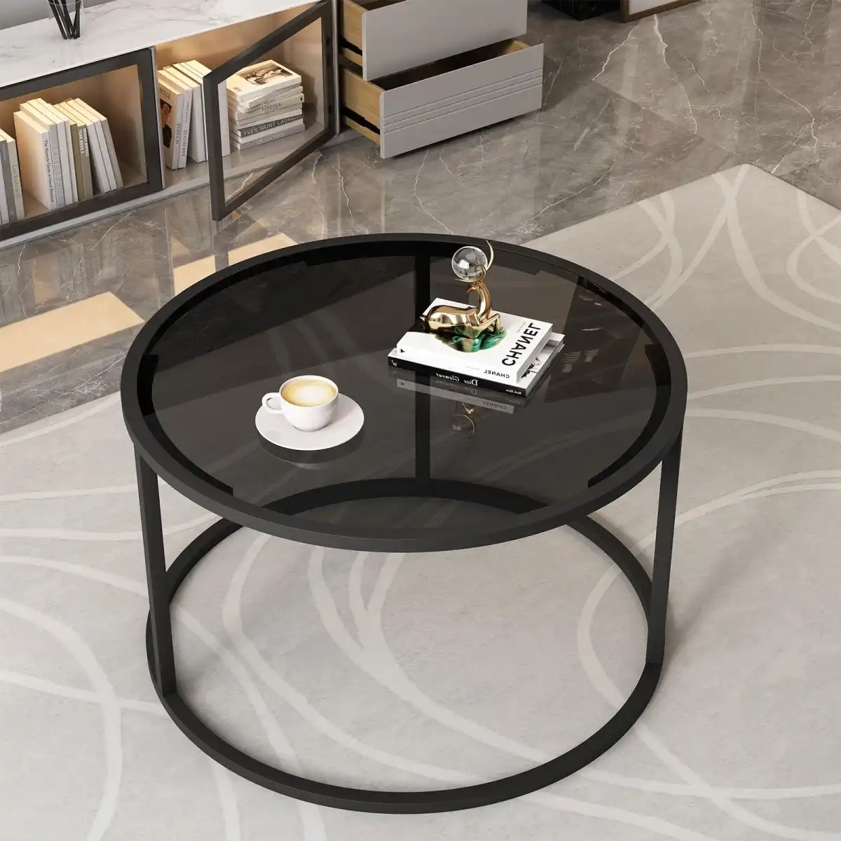 Glass Coffee Table Modern Center Table,Minimalist Round Coffee Tea Table,Tempered Glass-top with Sturdy Metal Frame for Living Room Bedroom Office and Small Space, 27 x 27 x 17 Inch,Gray Black - Image 5