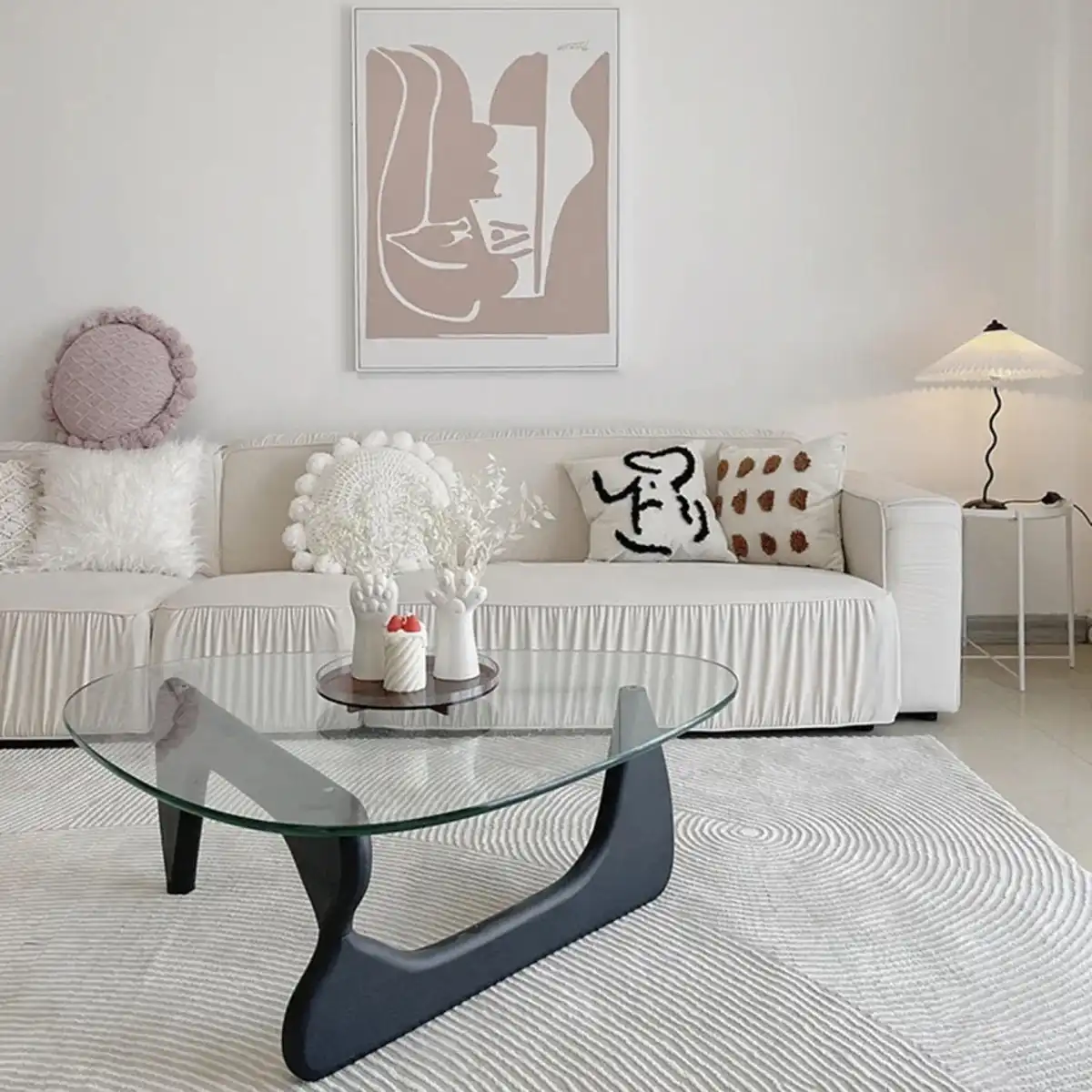 Triangle Coffee Table in Walnut Mid Century Modern Solid Wood Base and Triangle Clear Glass Coffee Table for Living Room Low Minimalist Tea Table Coffee Tables (36 * 25.6 * 16, Black Transparent) - Image 7
