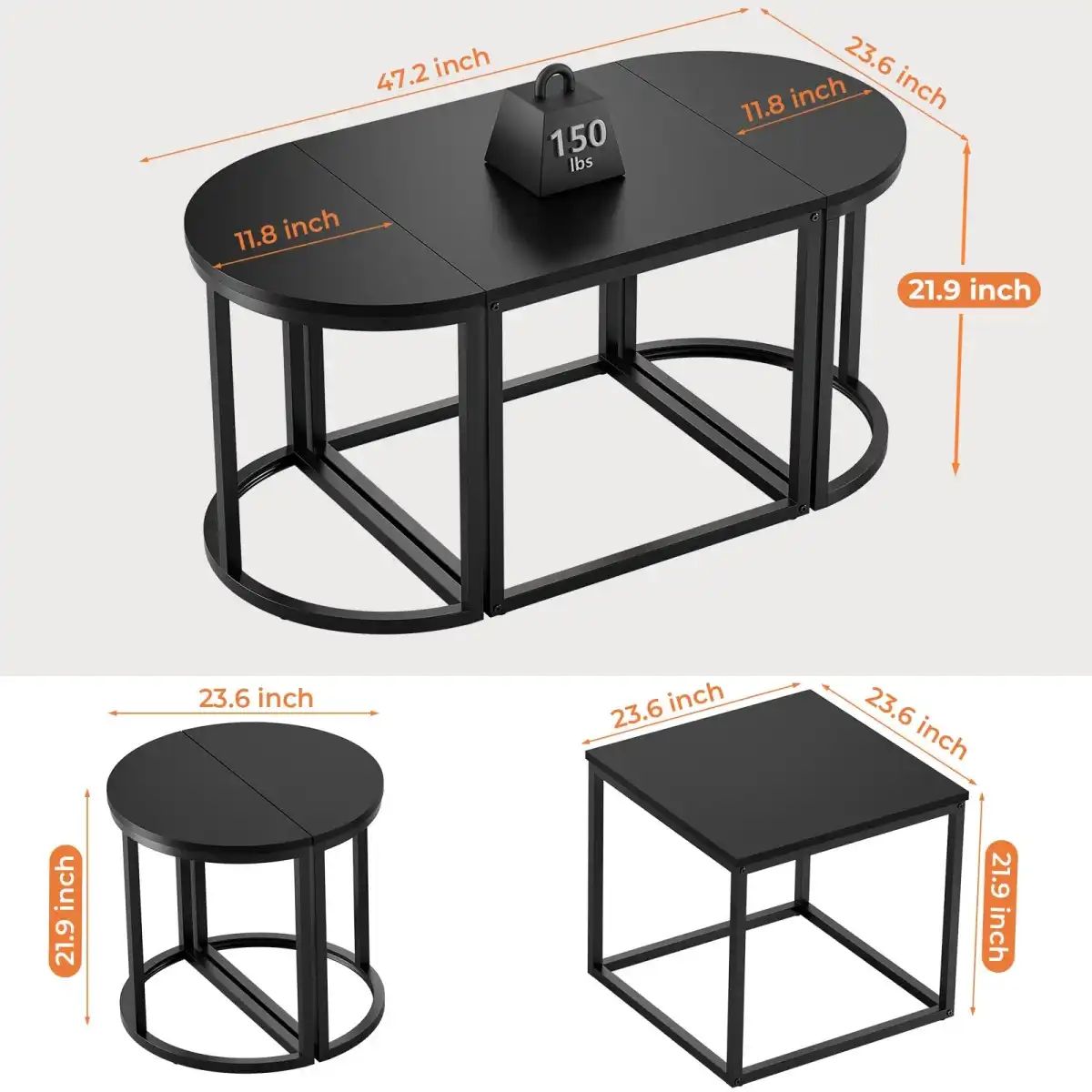GreenForest Coffee Table Oval 3pcs Set, Modern Living Room Table with 2 End Tables, Small Center Table with Metal Frame for Home Apartment, Black - Image 3