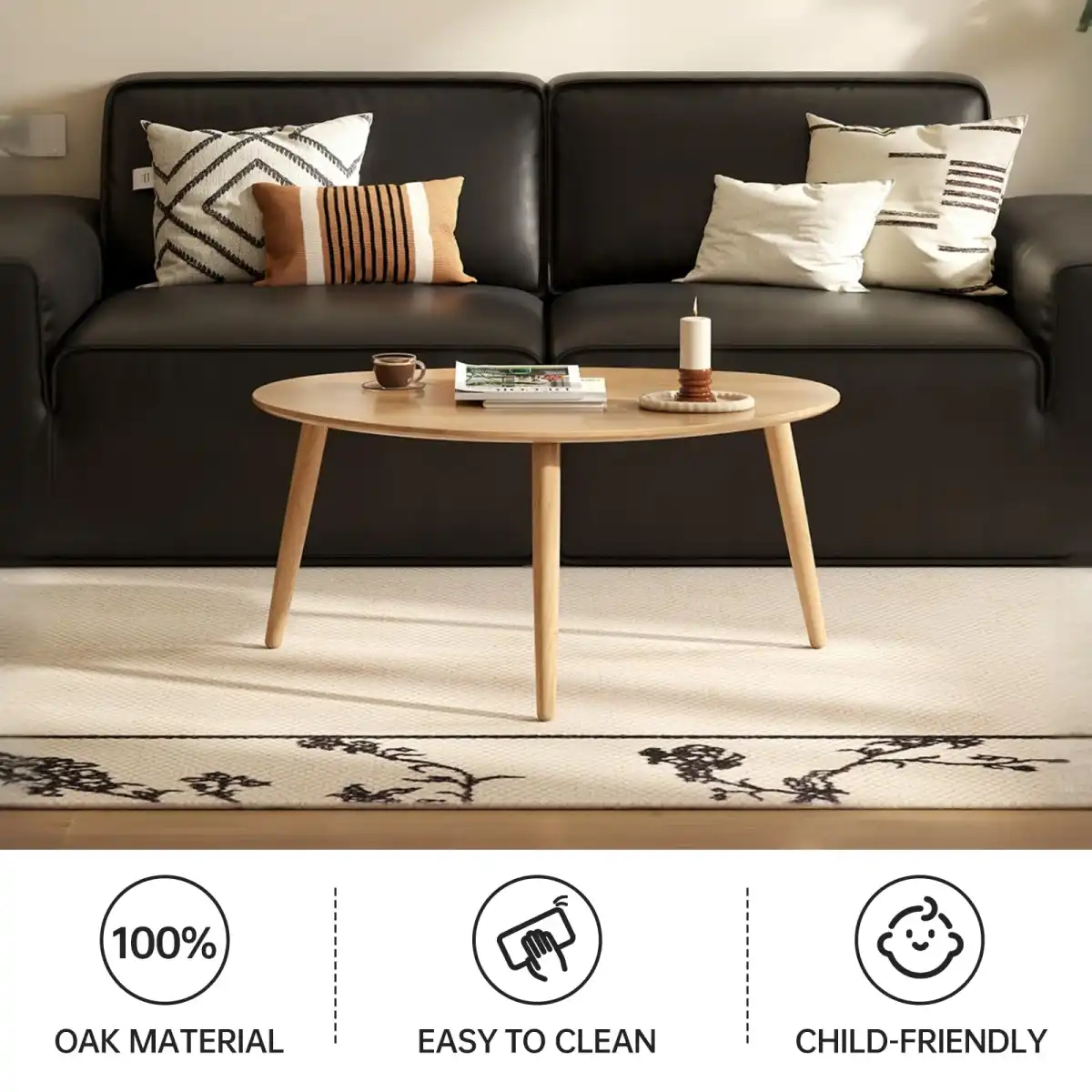 Vadisun Small Oval Nesting Table, Mid Century Coffee Table for Living Room,Solid Oak Wood End Tables,Triangle Tabletop with 3 Legs,Minimalist Display Living Tables (Original Wood Color, Combine) - Image 3