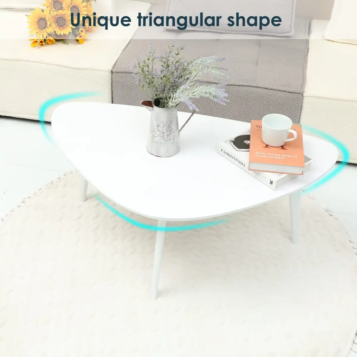 Small Oval Coffee Table Wood Mid Century Modern Coffee Tables Minimalist Farmhouse Style Chic for Living Room,Natural Wooden Texture,Unique Triangle Tabletop,Oak Leg,White 38.5" - Image 2