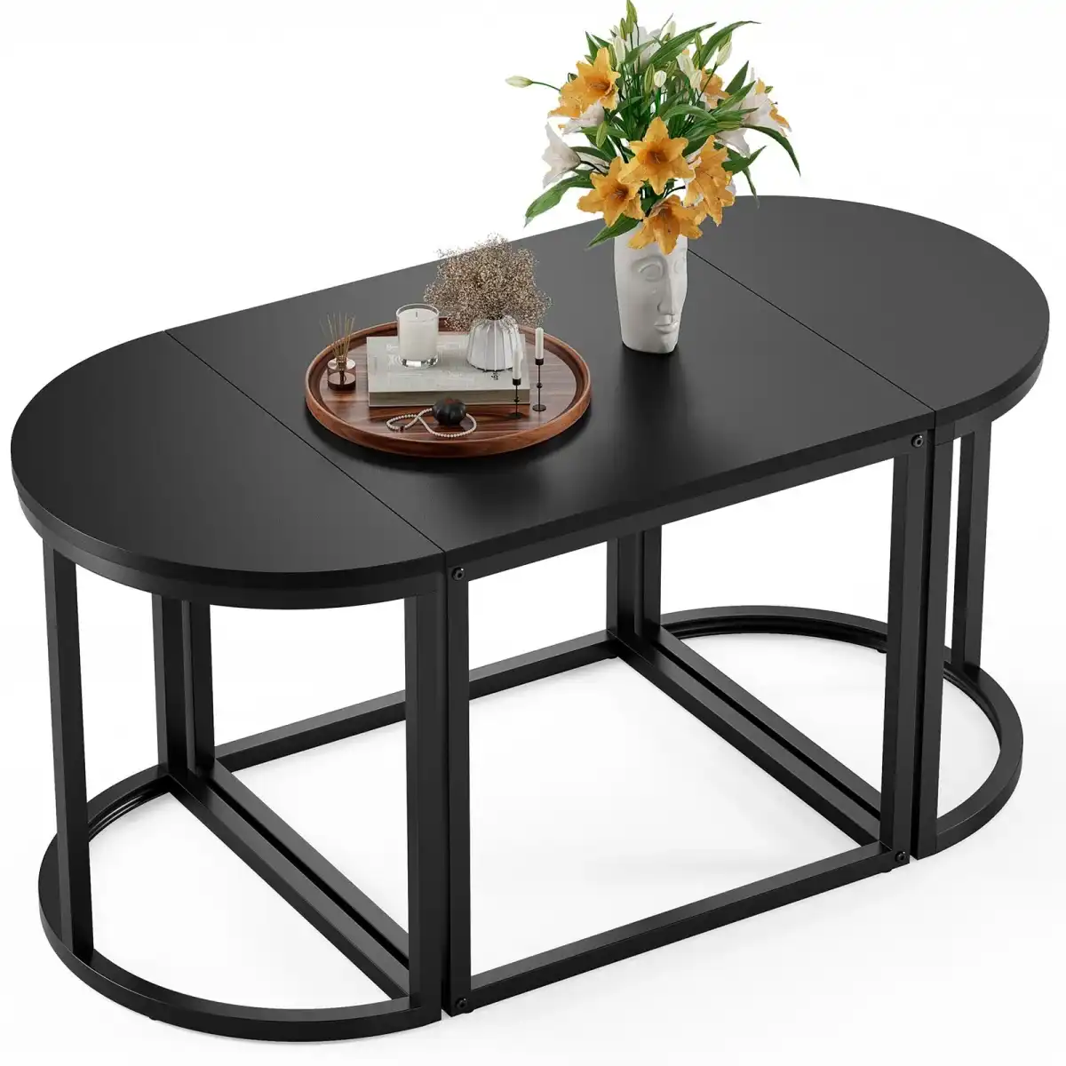 GreenForest Coffee Table Oval 3pcs Set, Modern Living Room Table with 2 End Tables, Small Center Table with Metal Frame for Home Apartment, Black - Image 1