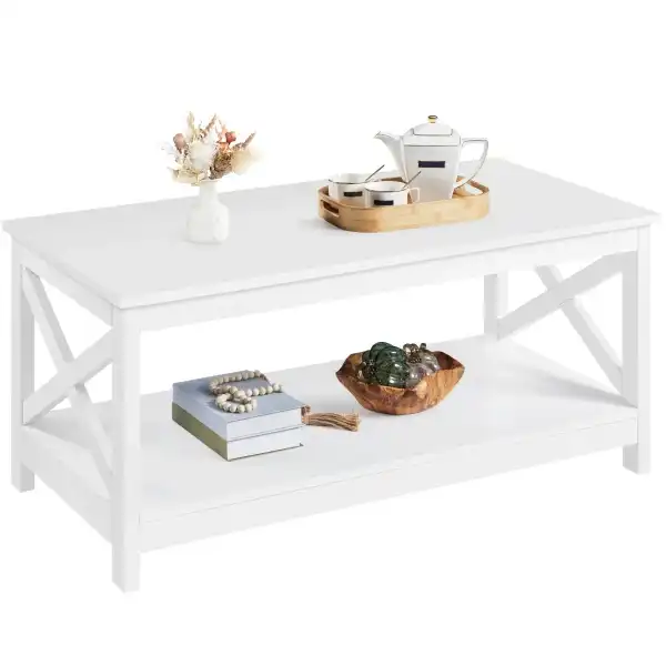Yaheetech Wood 2-Tier White Coffee Table with Storage Shelf for Living Room, X Design Accent Cocktail Table, Simple Design Home Furniture, 39.5 x 20 x 18 Inches