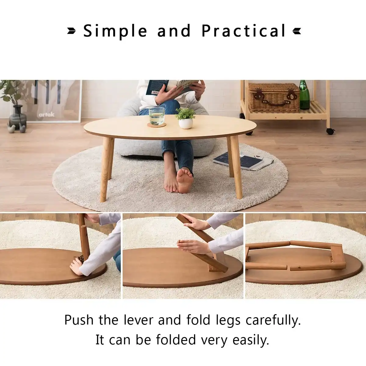EMOOR Wood Folding Coffee Table Oval (35.4"x16.9") Walnut, Floor Sitting Low Table Small Space Minimalist Japanese Tatami Room - Image 4