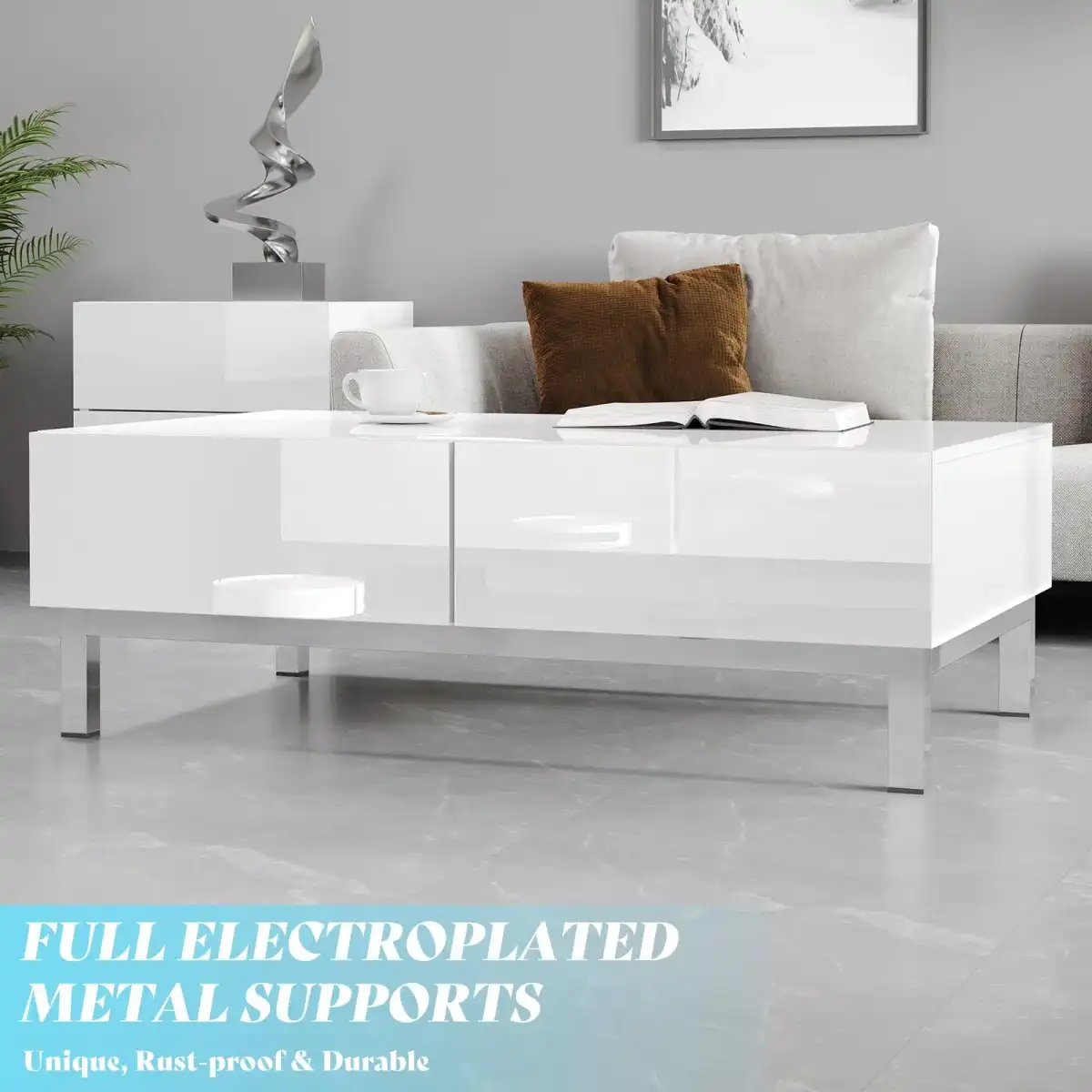 AMERLIFE High Gloss Electroplated Coffee Table, 40" Wide Modern Minimalist Center Table with 2 Magnetic Storage Drawers, Rectangular Simple Cocktail Table for Living Room, Waiting Area, Office, White - Image 4