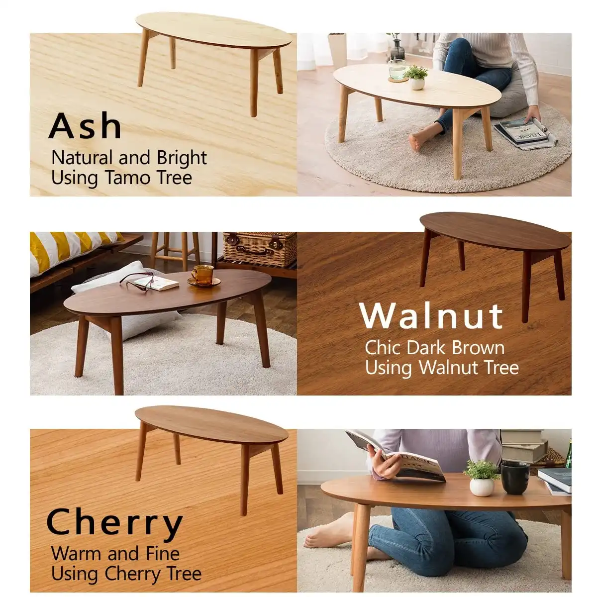 EMOOR Wood Folding Coffee Table Oval (35.4"x16.9") Walnut, Floor Sitting Low Table Small Space Minimalist Japanese Tatami Room - Image 6