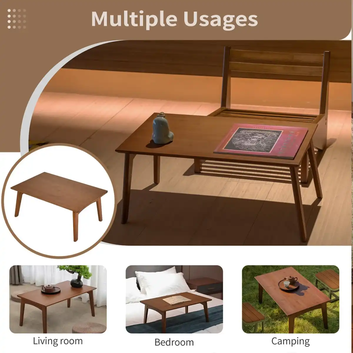 Kuabner Folding Floor Table Low Coffee Table for Sitting On The Floor Japanese Floor Table No Assembly Tatami FoldableTable for Living Room Home Office (Walnut, Large) - Image 4