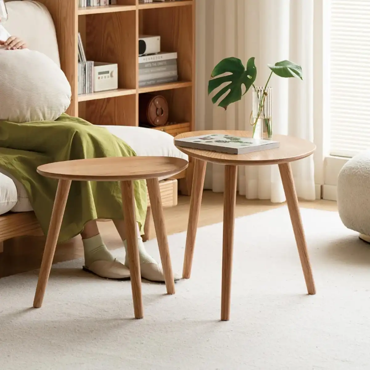 Vadisun Small Oval Nesting Table, Mid Century Coffee Table for Living Room,Solid Oak Wood End Tables,Triangle Tabletop with 3 Legs,Minimalist Display Living Tables (Original Wood Color, Combine) - Image 7